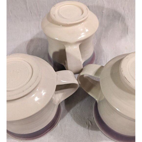 3 Art Pottery Mugs Signed Coffee Cup Handmade Studio Tea Purple White Stripe Set - Picture 2 of 16
